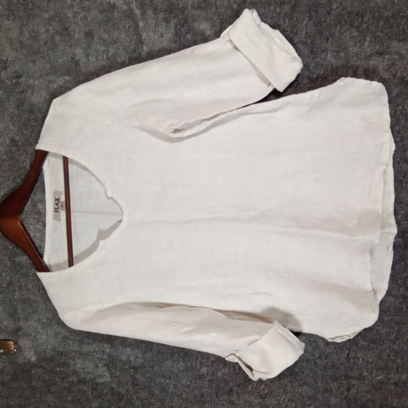 Flax  White Blouse with Cuffed Sleeves and 3/4 Length Lagenlook Linen Size P/S - Picture 2 of 12